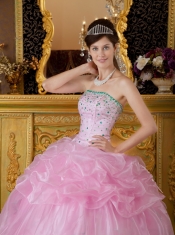Pink Ball Gown Strapless Floor-length Organza Beading Quinceanera Dress