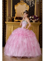 Pink Ball Gown Strapless Floor-length Organza Beading Quinceanera Dress
