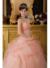Pink Ball Gown Strapless Floor-length Organza Beading Quinceanera Dress