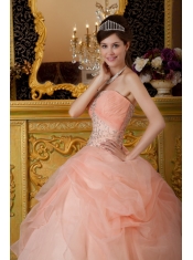Pink Ball Gown Strapless Floor-length Organza Beading Quinceanera Dress