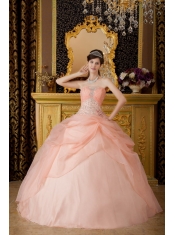 Pink Ball Gown Strapless Floor-length Organza Beading Quinceanera Dress