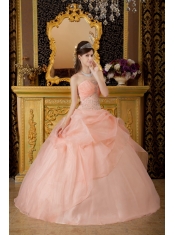 Pink Ball Gown Strapless Floor-length Organza Beading Quinceanera Dress