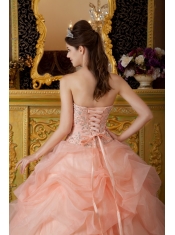 Pink Ball Gown Strapless Floor-length Organza Beading Quinceanera Dress