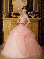 Pink Ball Gown Strapless Floor-length Organza Beading Quinceanera Dress