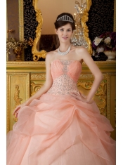 Pink Ball Gown Strapless Floor-length Organza Beading Quinceanera Dress