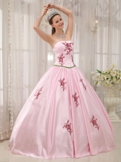 Pink Ball Gown Strapless Floor-length Taffeta Appliques Quinceanera Dress