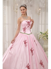 Pink Ball Gown Strapless Floor-length Taffeta Appliques Quinceanera Dress