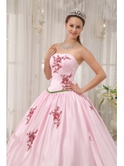 Pink Ball Gown Strapless Floor-length Taffeta Appliques Quinceanera Dress