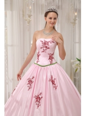 Pink Ball Gown Strapless Floor-length Taffeta Appliques Quinceanera Dress
