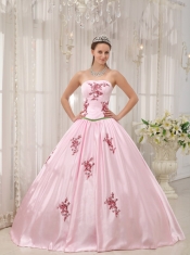 Pink Ball Gown Strapless Floor-length Taffeta Appliques Quinceanera Dress