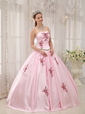 Pink Ball Gown Strapless Floor-length Taffeta Appliques Quinceanera Dress
