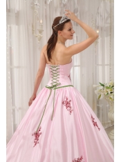 Pink Ball Gown Strapless Floor-length Taffeta Appliques Quinceanera Dress