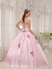 Pink Ball Gown Strapless Floor-length Taffeta Appliques Quinceanera Dress