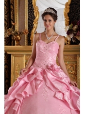 Pink Ball Gown Straps Floor-length Taffeta Beading and Appliques Quinceanera Dress