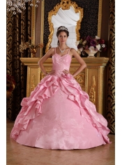 Pink Ball Gown Straps Floor-length Taffeta Beading and Appliques Quinceanera Dress