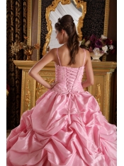 Pink Ball Gown Straps Floor-length Taffeta Beading and Appliques Quinceanera Dress