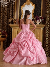 Pink Ball Gown Straps Floor-length Taffeta Beading and Appliques Quinceanera Dress