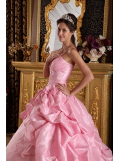 Pink Ball Gown Straps Floor-length Taffeta Beading and Appliques Quinceanera Dress