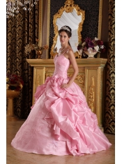 Pink Ball Gown Straps Floor-length Taffeta Beading and Appliques Quinceanera Dress