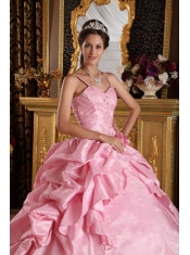 Pink Ball Gown Straps Floor-length Taffeta Beading and Appliques Quinceanera Dress