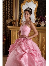 Pink Ball Gown Straps Floor-length Taffeta Beading and Appliques Quinceanera Dress