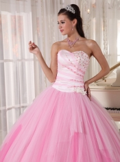 Pink Ball Gown Sweetheart Floor-length Tulle Beading Quinceanera Dress