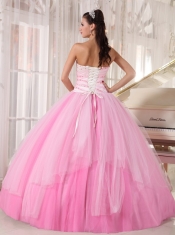 Pink Ball Gown Sweetheart Floor-length Tulle Beading Quinceanera Dress