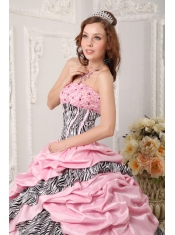 Pink Ball Gown Taffeta and Zebra Print Strapless Beading Quinceanera Dress
