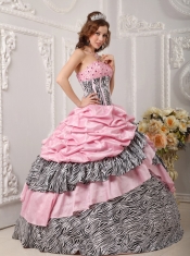 Pink Ball Gown Taffeta and Zebra Print Strapless Beading Quinceanera Dress