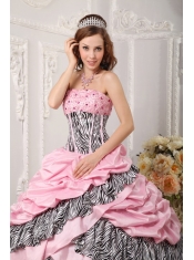 Pink Ball Gown Taffeta and Zebra Print Strapless Beading Quinceanera Dress