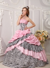 Pink Ball Gown Taffeta and Zebra Print Strapless Beading Quinceanera Dress