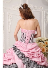 Pink Ball Gown Taffeta and Zebra Print Strapless Beading Quinceanera Dress