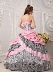 Pink Ball Gown Taffeta and Zebra Print Strapless Beading Quinceanera Dress