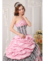 Pink Ball Gown Taffeta and Zebra Print Strapless Beading Quinceanera Dress