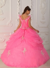 Pink Ball Gown V-neck Floor-length Taffeta and Organza Appliques with Beading Quinceanera Dress