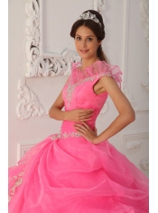 Pink Ball Gown V-neck Floor-length Taffeta and Organza Appliques with Beading Quinceanera Dress