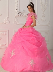 Pink Ball Gown V-neck Floor-length Taffeta and Organza Appliques with Beading Quinceanera Dress