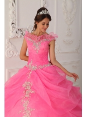 Pink Ball Gown V-neck Floor-length Taffeta and Organza Appliques with Beading Quinceanera Dress