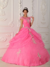 Pink Ball Gown V-neck Floor-length Taffeta and Organza Appliques with Beading Quinceanera Dress