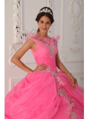 Pink Ball Gown V-neck Floor-length Taffeta and Organza Appliques with Beading Quinceanera Dress