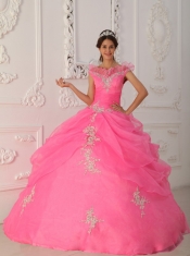 Pink Ball Gown V-neck Floor-length Taffeta and Organza Appliques with Beading Quinceanera Dress