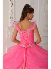 Pink Ball Gown V-neck Floor-length Taffeta and Organza Appliques with Beading Quinceanera Dress