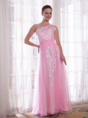 Pink Column / Sheath One Shoulder Floor-length Tulle and Taffeta Embroidery and Rhinestones Prom / Evening Dress