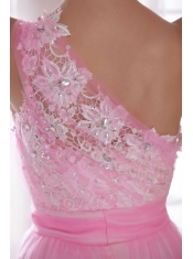 Pink Column / Sheath One Shoulder Floor-length Tulle and Taffeta Embroidery and Rhinestones Prom / Evening Dress