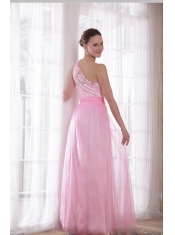 Pink Column / Sheath One Shoulder Floor-length Tulle and Taffeta Embroidery and Rhinestones Prom / Evening Dress
