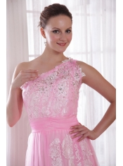 Pink Column / Sheath One Shoulder Floor-length Tulle and Taffeta Embroidery and Rhinestones Prom / Evening Dress