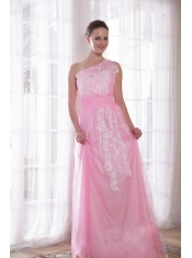 Pink Column / Sheath One Shoulder Floor-length Tulle and Taffeta Embroidery and Rhinestones Prom / Evening Dress