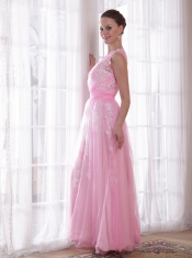 Pink Column / Sheath One Shoulder Floor-length Tulle and Taffeta Embroidery and Rhinestones Prom / Evening Dress
