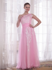 Pink Column / Sheath One Shoulder Floor-length Tulle and Taffeta Embroidery and Rhinestones Prom / Evening Dress