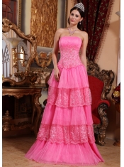 Pink Column Strapless Floor-length Organza Lace Appliques Prom / Pageant Dress